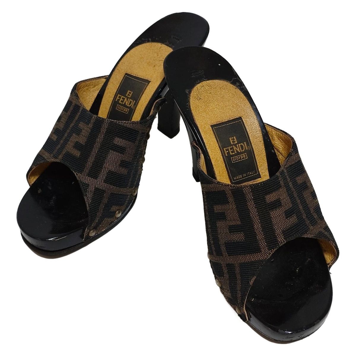 FENDI フェンディ ミュール 36 レディース - ベージュ×黒 ズッカ柄