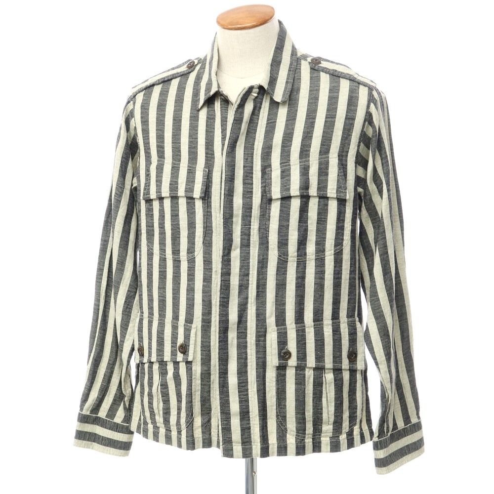 【新品】バグッタ Bagutta コットンリネン ストライプ サファリジャケット シャツブルゾン アイボリーオリーブxチャコール系【サイズM】【メンズ】-0