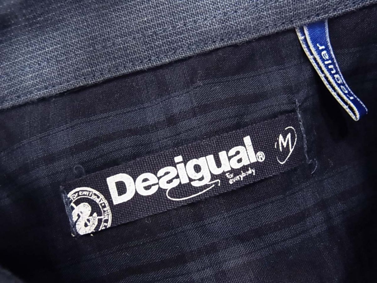 ☆Desigual デシグアル 長袖シャツ パッチワーク メンズ デザインシャツ ネイビー M 袖ロールアップ