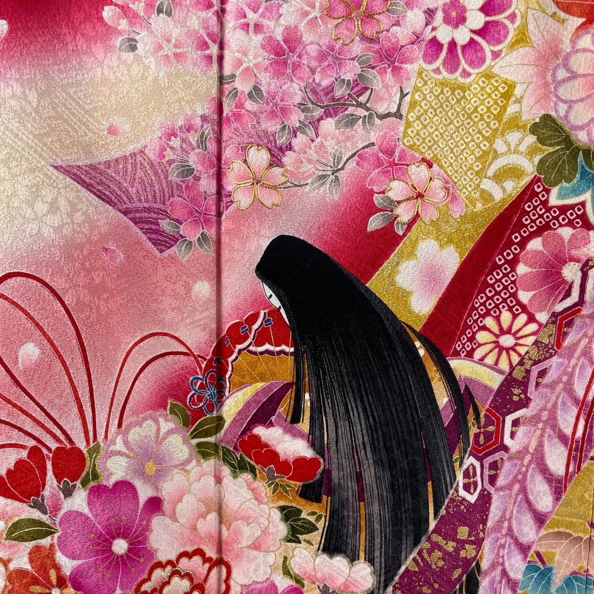 振袖 身丈160.5cm 裄丈67.5cm L 袷 姫 花束 金銀糸 金彩 赤 正絹 美品  