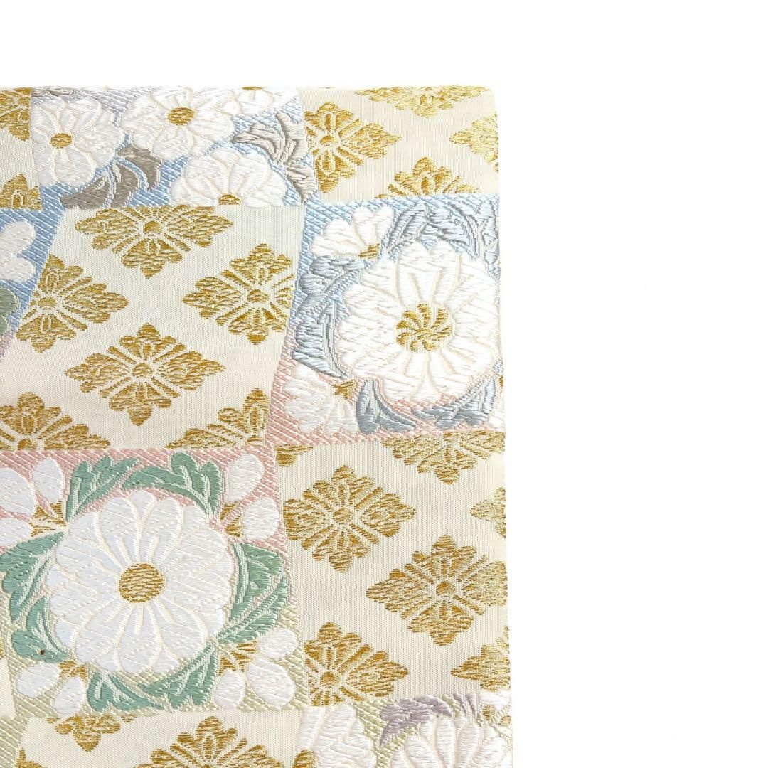 未着用　袋帯　市松　菊　花模様　花菱　パステルカラー　着物　034a d 未着用 袋帯 市松 菊 花模様 花菱 パステルカラー 着物 034a d