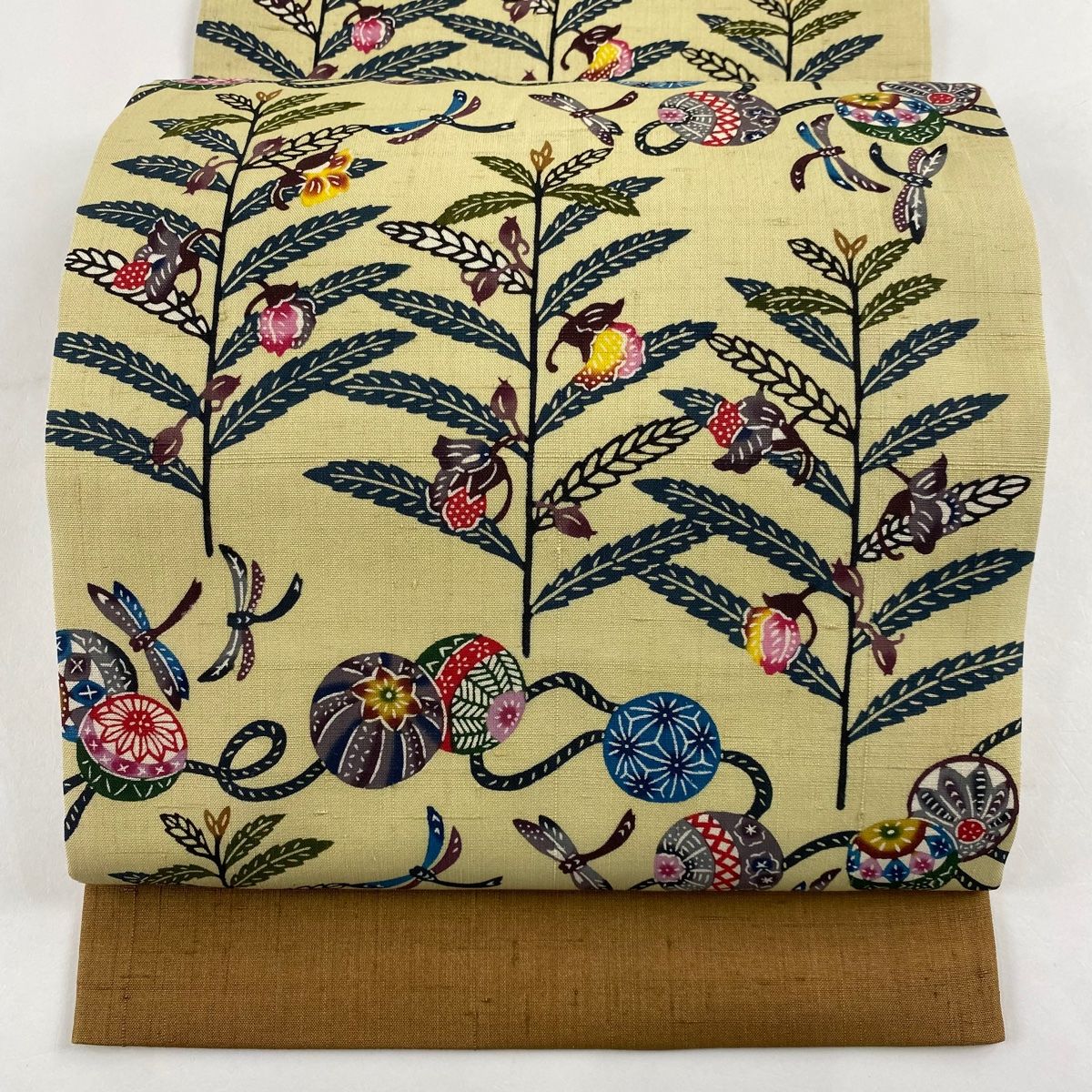 開き名古屋帯 紬地 トンボ 草花 薄黄 正絹