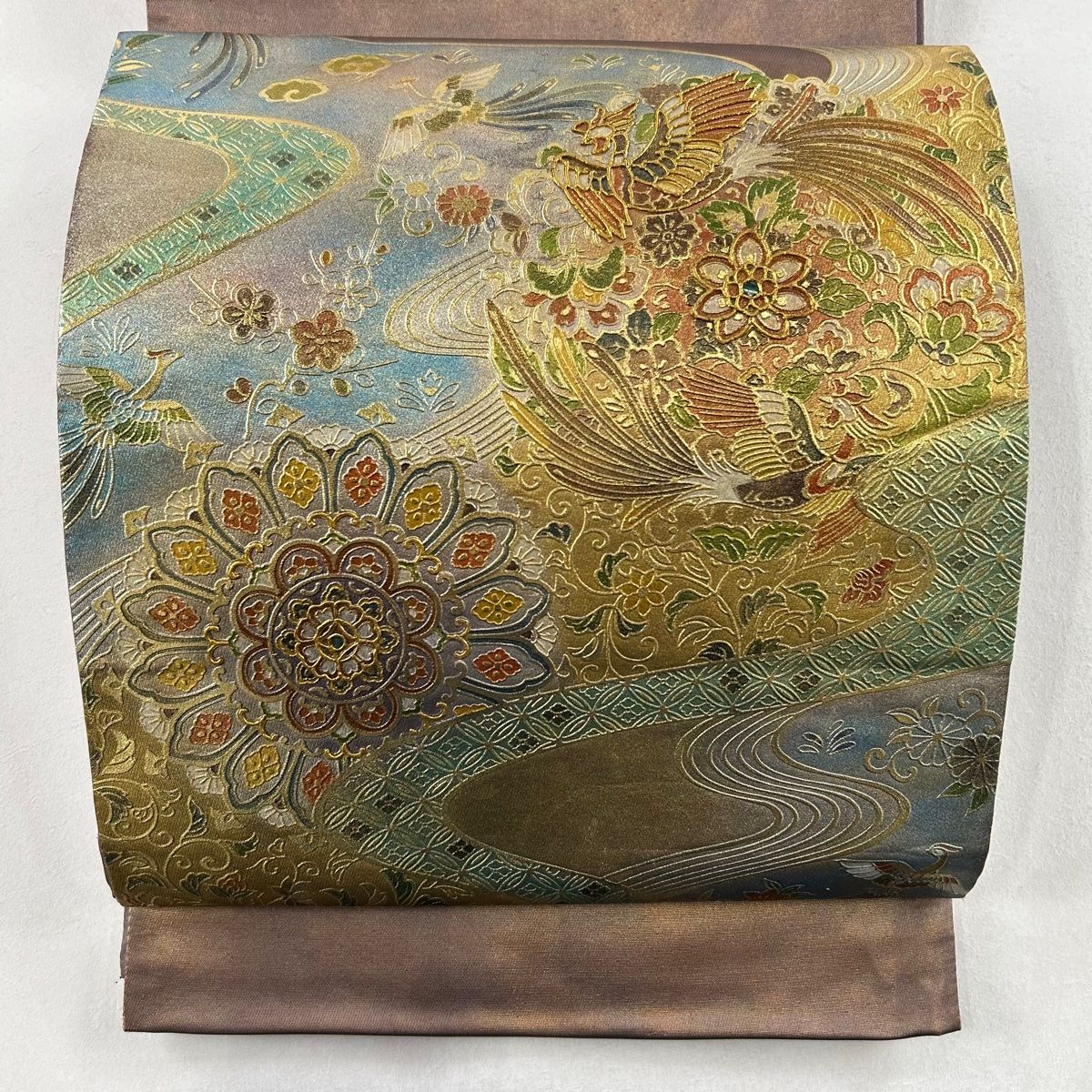 袋帯 秀品 華文 鳳凰 金銀彩 螺鈿 金色 お太鼓柄 正絹 【中古