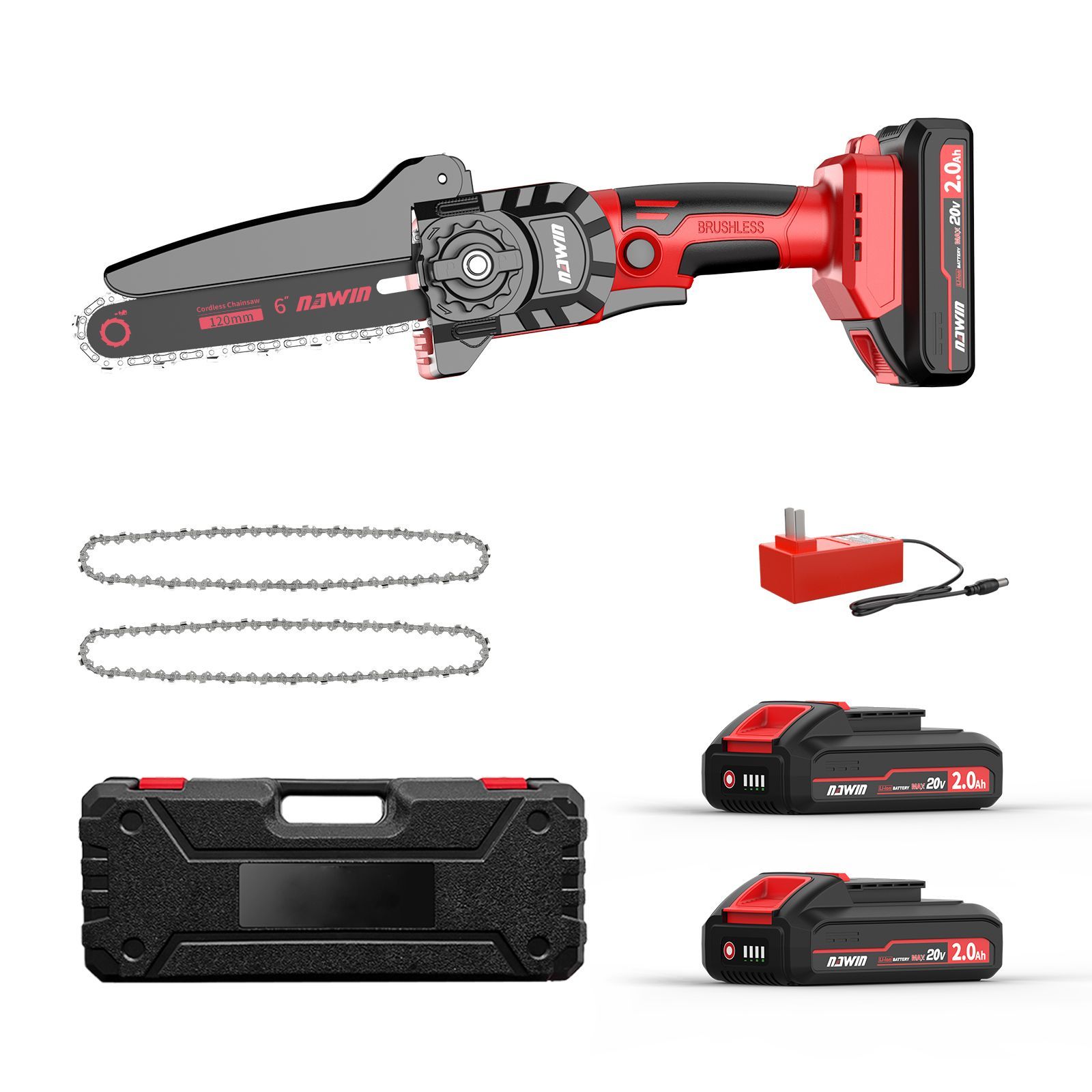 ナウィン 充電式チェーンソー 6インチ 2.0ahバッテリー2個 ガイドバー160mm コードレス ブラシレスモーター 軽量1.3kg 伐採枝払い枝打ち薪作り庭木の剪定