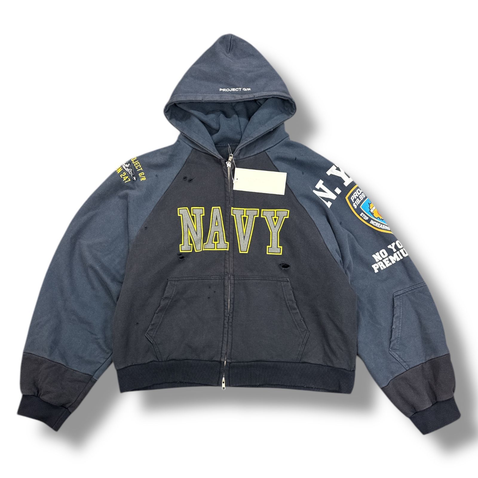 参考上代45100円 PROJECT G/R 24AW RECONSTRUCTED FOLDED ZIP HOODIE リコンストラクトホールデッドジップフーディー パーカー スウェット プロジェクトジーアール PG24FWMH02 ネイビー 1 85478A
