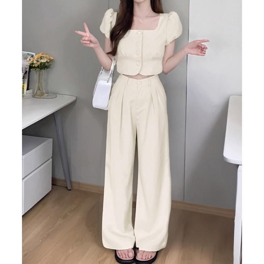セットアップ春夏半袖トップスワイドパンツ