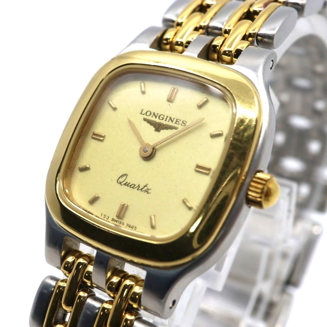 |稼働品|電池交換済 ロンジン LONGINES 腕時計 7445 レディース クオーツ アナログ スクエア ゴールド文字盤 コンビブレス ヴィンテージ クラシック エレガント ドレスウォッチ SWISS MADE クリーニング済 G2