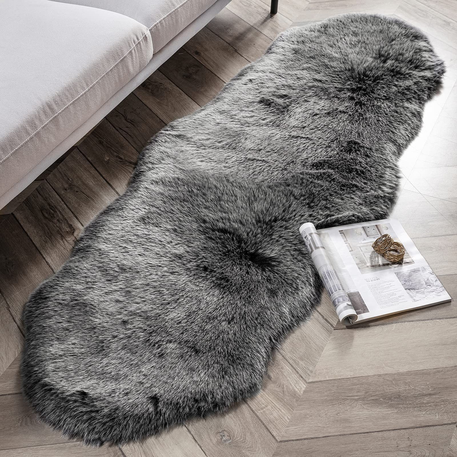【数量限定】床暖房対応 冷房 キャンプ 北欧 防ダニ 60×180cm 抗菌 洗える 折り畳み ふわふわ 手触り優しい 極厚毛足約5cm 厚手 ホワイティッシュチップu0026ブラック シープスキン 柔らかい 滑