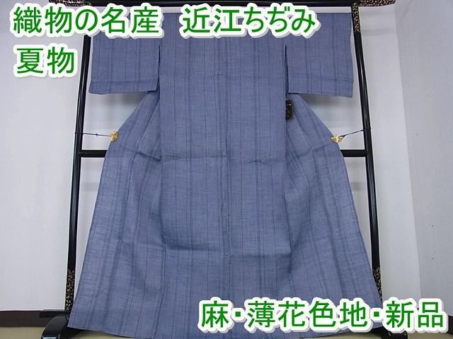 平和屋2□極上 夏物 織物の名産 近江ちぢみ 麻 間道 水色地 逸品 新品