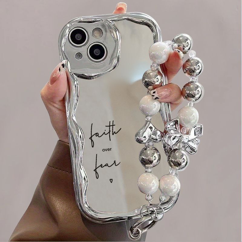 電気メッキシルバー曲面エッジ×パールブレスレットストラップ付き 耐衝撃 厚手スマホケース｜iPhone 16 | 15 | 14 | 13 | 12 | 11 Pro | P