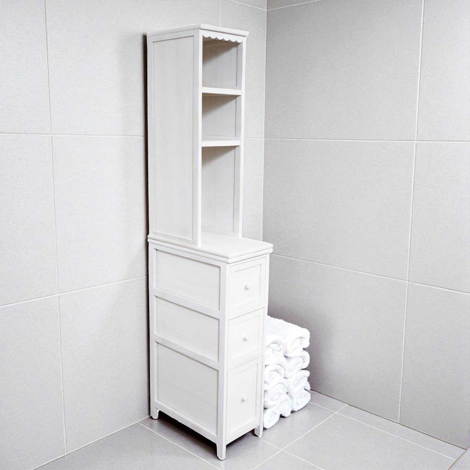 Ｋ 完成品 シャビーシック 隙間収納 キャビネット 桐材 幅25cm 姫系 ホワイト 飾り棚付き 白家具 多目的ラック スリムチェスト 白 アウトレット