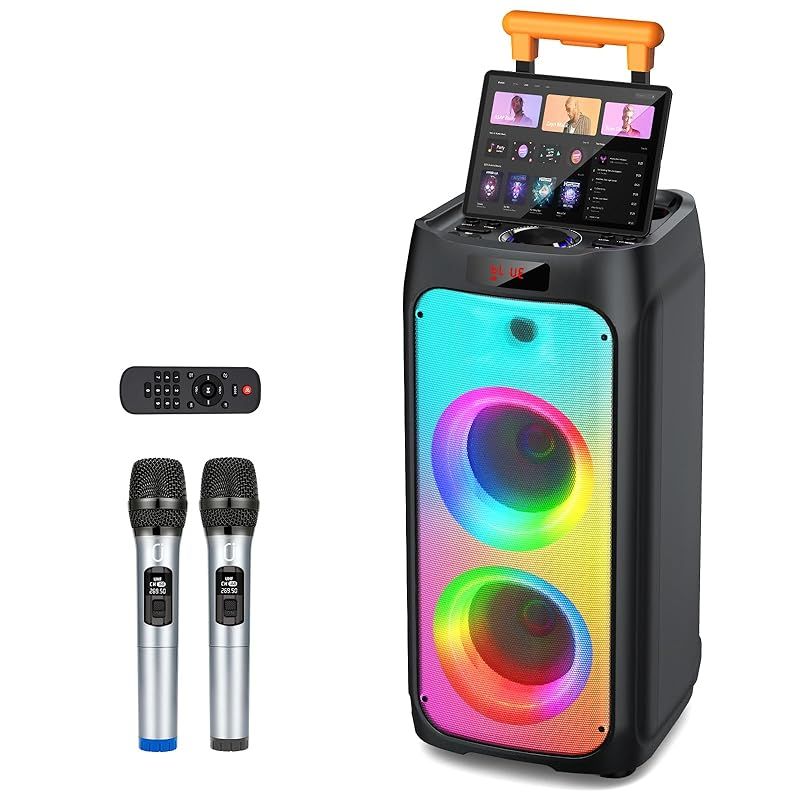 JYX ワイヤレスマイク スピーカーセット マイク二本付き 低音強化機能搭載 充電式 カラオケ 街頭スピーチ イベントなどに適用 1