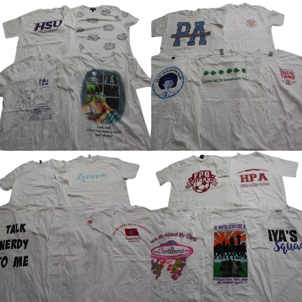 古着卸 まとめ売り 白ボディ プリント 半袖Tシャツ 19枚セット (メンズ M ) 総柄 無地 イラスト カレッジ風 中古 古着 MY0013