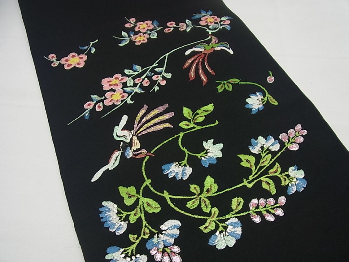 平和屋本店□最高級 龍村平蔵製 本袋帯 彦花鳥錦 黒地 逸品4s751  