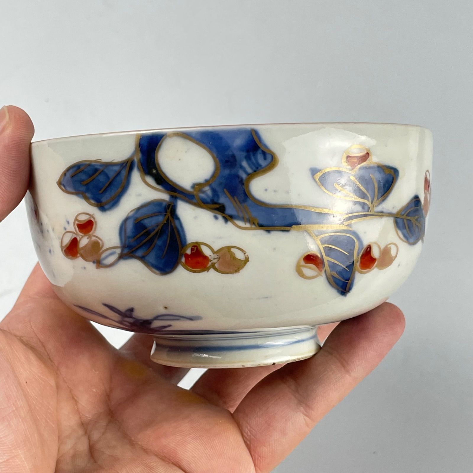 若狭】693染付飯茶碗2客セット 江戸時代 伊万里 古伊万里 金彩色