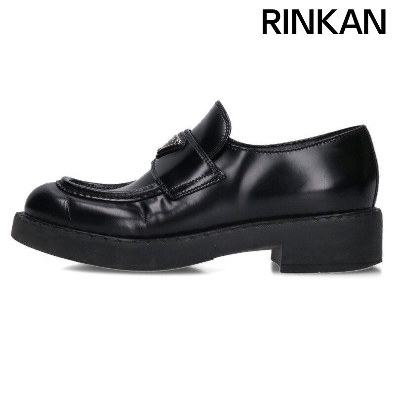 プラダ チョコレート トライアングルロゴブラッシュドレザーローファーシューズ レディース 37.5