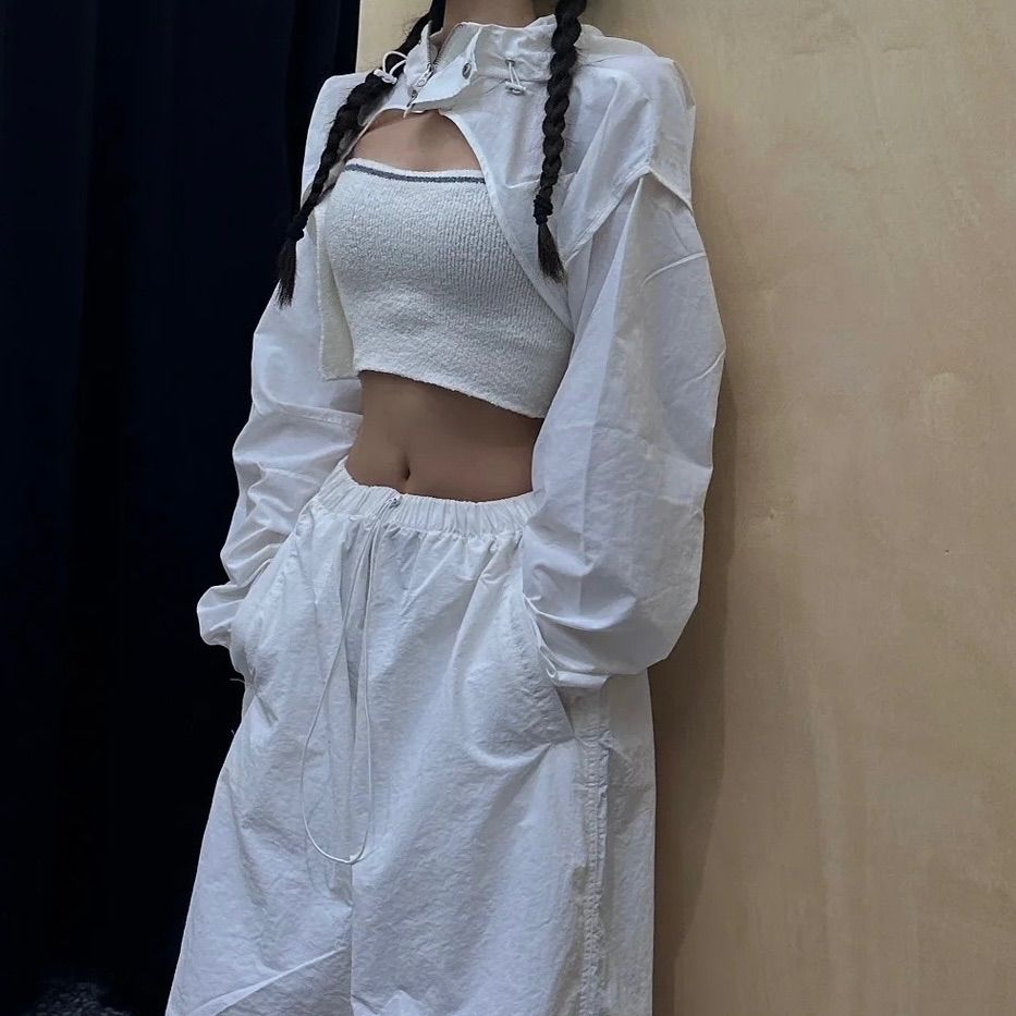 極美品♡ルネ♡ボレロジャケット ❤︎ボレロハイネックフードナイロンジャケット ホワイト 白