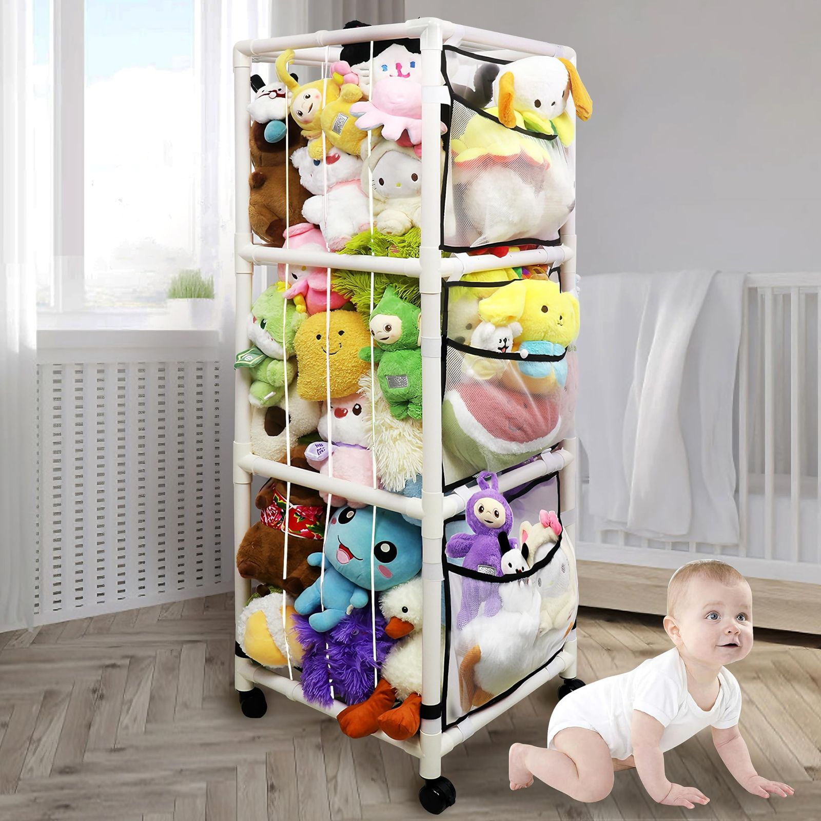 Ｗarayumi ぬいぐるみ 収納 ネット ぬいぐるみ 動物園 おもちゃ整理 ぬいぐるみ ホルダー 棚 車輪付き360°回転 ぬいぐるみオーガナイザーメッシュ 大容量 陳列ケース 陳列棚 抱き枕 おもちゃ DIY人形展示ボック おもちゃオーガナイザー 保