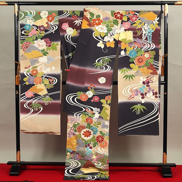■E4124■美品■紅海老茶色　花尽くし　京友禅　袷　振袖　丈166 裄68 □E4124□美品□紅海老茶色 花尽くし 京友禅 袷 振袖 丈
