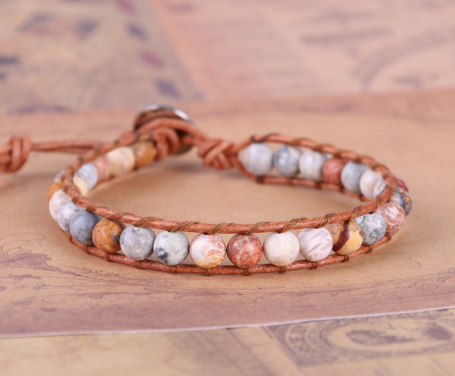 バングル レザー パワーストーン アンティーク ブレスレット 男女兼用 ビーズ ラップ 単連 KELITCH