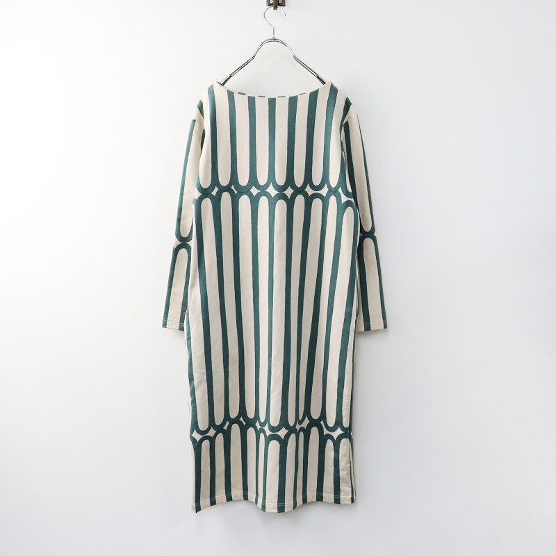 ミナペルホネン mina perhonen finger stripe 裏毛コットンプルオーバーワンピース 38 ベージュ×グリーン┃ 2400014629774
