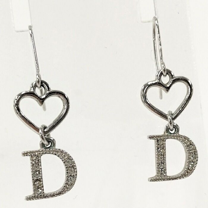 Christian Dior ピアス Dモチーフ ハート ラインストーン メッキ シルバー