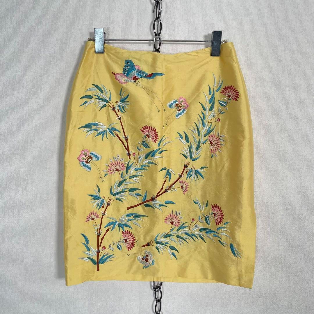 RALPH LAUREN BLACK LABEL 蝶々 花柄 刺繍 絹 シルクスカート ラルフローレンブラックレーベル イエロー系 サイズ2