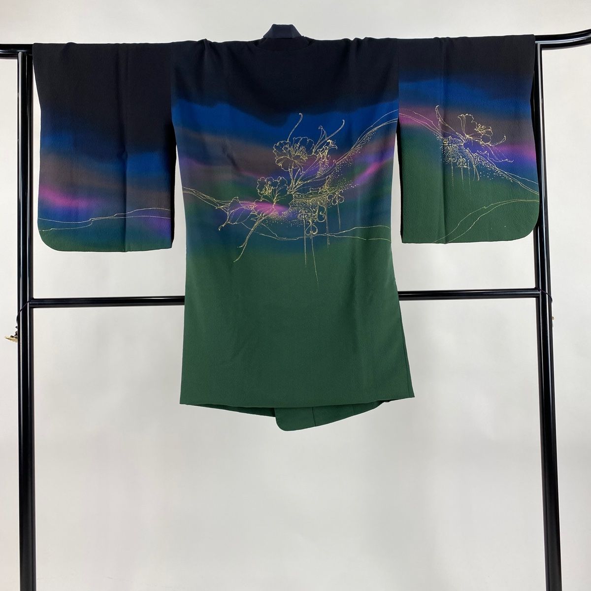 道行 身丈100cm 裄丈66cm M 三本賢 和装コート 草花 金彩 ぼかし 緑 正絹 秀品