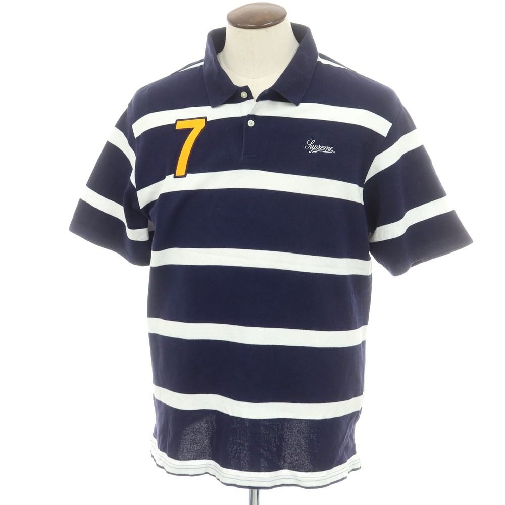 シュプリーム Supreme 春夏 Cursive Polo コットン ボーダー 半袖ポロシャツ ネイビーxホワイト サイズL メンズ