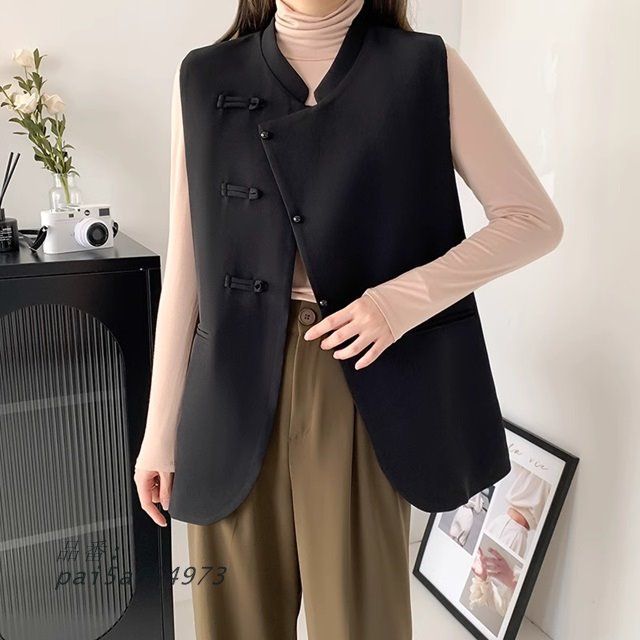 ベスト レディース 前開き ベスト ミドル丈 チャイナ風 トップス ベスト チャイナボタン ノースリーブ ノースリーブ 羽織り ジャケット 秋 シンプル 春 ベスト pai5a654973