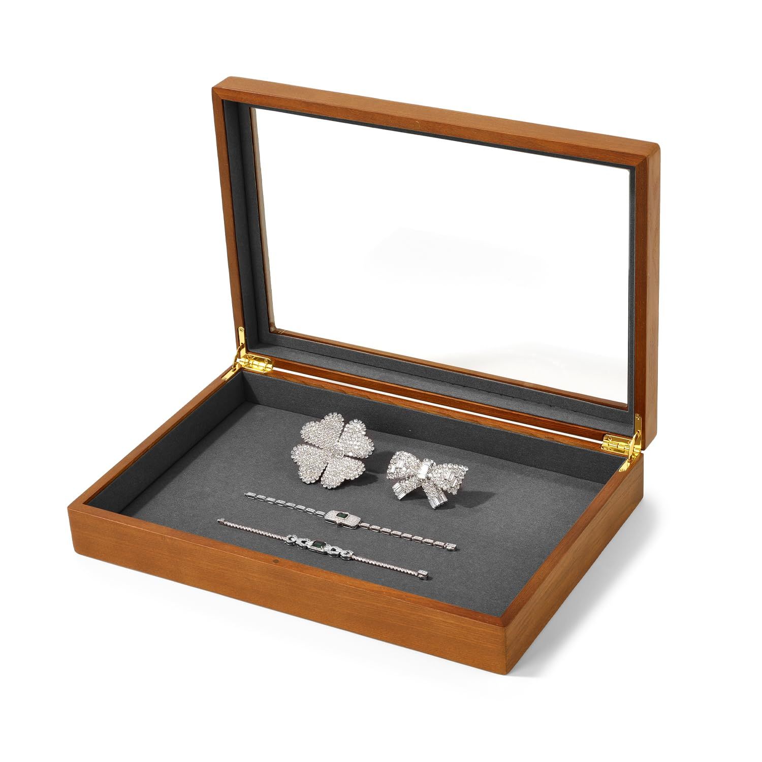 Oirlv ジュエリートレイ 蓋付き 仕切りなし 木製 ジュエリーボックス 指輪 腕時計 ネックレス ディスプレイ 収納 透明 おしゃれ 適格請求書に対応 X02402 ダークグレー