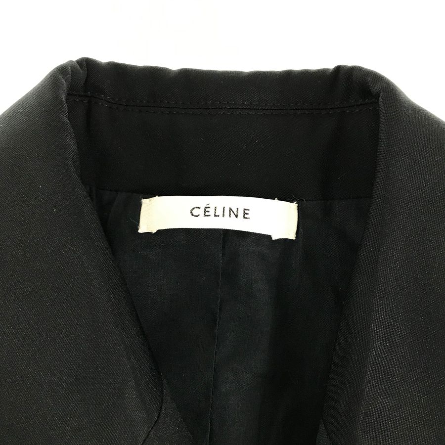 セリーヌ CELINE ロングコート ダブルブレスト ベルト付き 2 8T94 ブラック ポリエステル コットン キュプラ レディース  コート・ジャケット rki【中古】