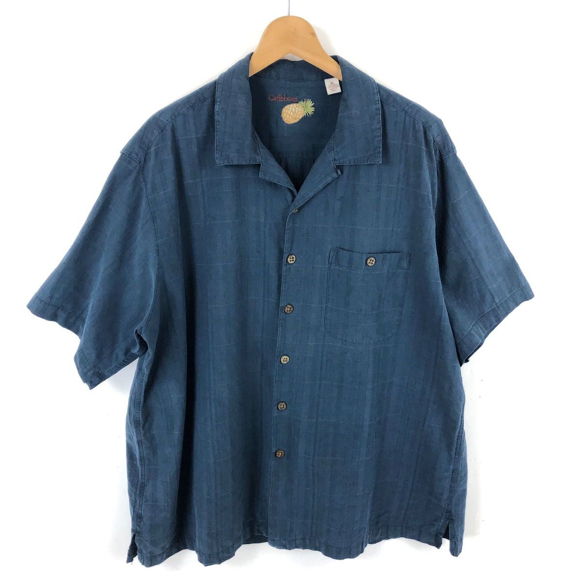 【古着】 Caribbean シャツ 開襟 織柄 ジャガード 格子柄 シルクシャツ 半袖 グレー系 メンズXL 【中古】 n046729
