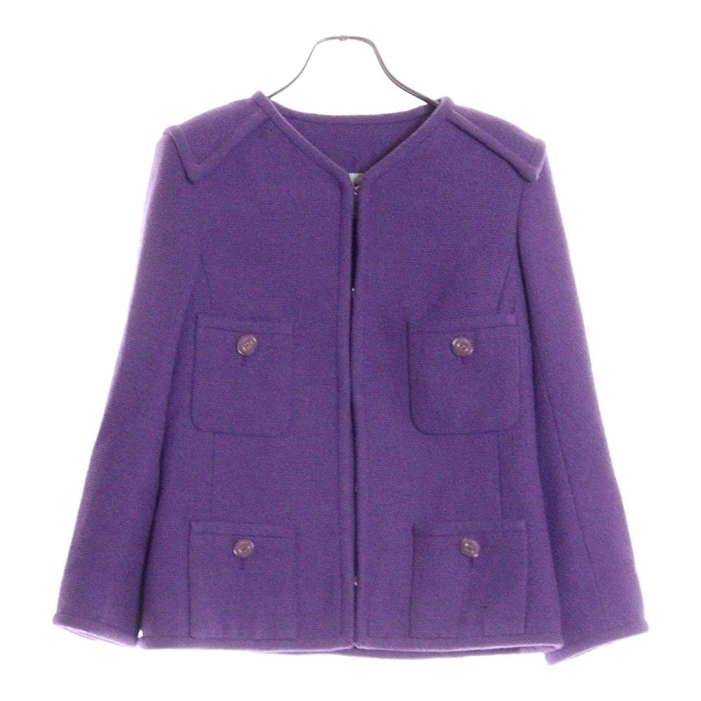 美品 シャネル 95A ココボタン ツイード ジャケット パープル 総ココマーク CHANEL (シャネル) ココマーク 金ボタン ノーカラー ツイード