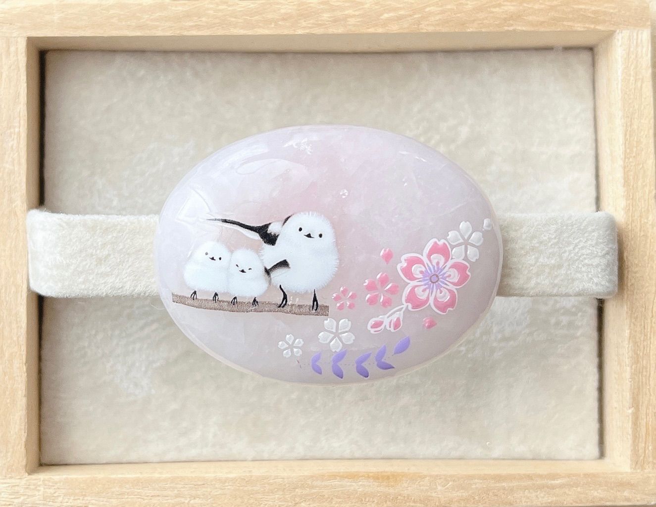 ☆〜天然石 ローズクォーツ 桜に親子シマエナガ 帯留め 40×30 