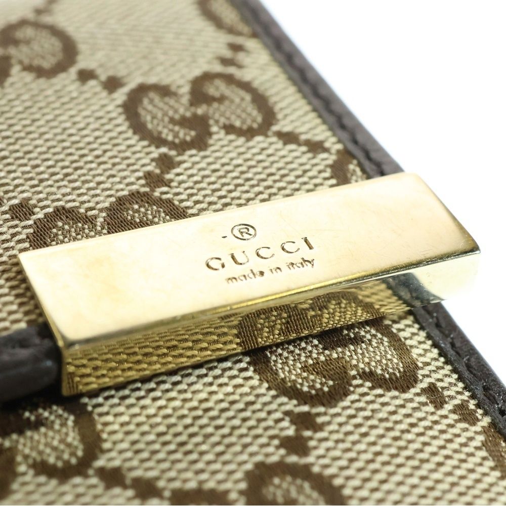 GUCCI (グッチ) GGキャンバス レザー ロゴプレート コンパクトウォレット 二つ折り財布 ゴールド金具 ベージュ/ブラウン ...