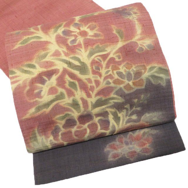 袋帯 リサイクル 正絹 紬地 カジュアル 仕立て上がり お太鼓柄 作家物 落款 夾纈染 花鳥模様 赤茶色 多色 きもの北條 A1285-11