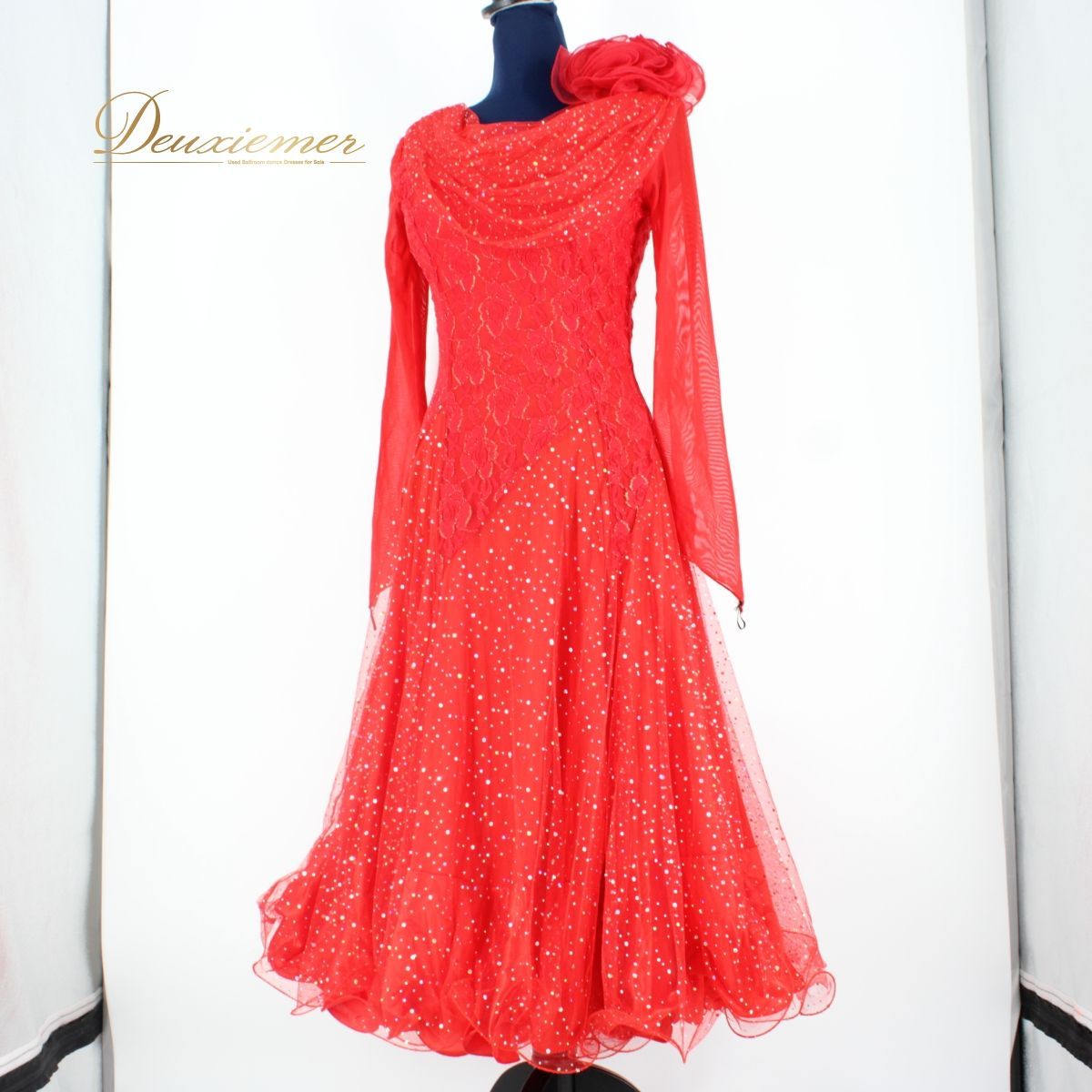 【美品 社交ダンス衣装】ワンピース ドレス prima boutique プリマブティック 赤 レッド コサージュ ホログラム キラキラ 派手 美品 社交ダンス衣装】ワンピース ドレス prima boutique プリマ