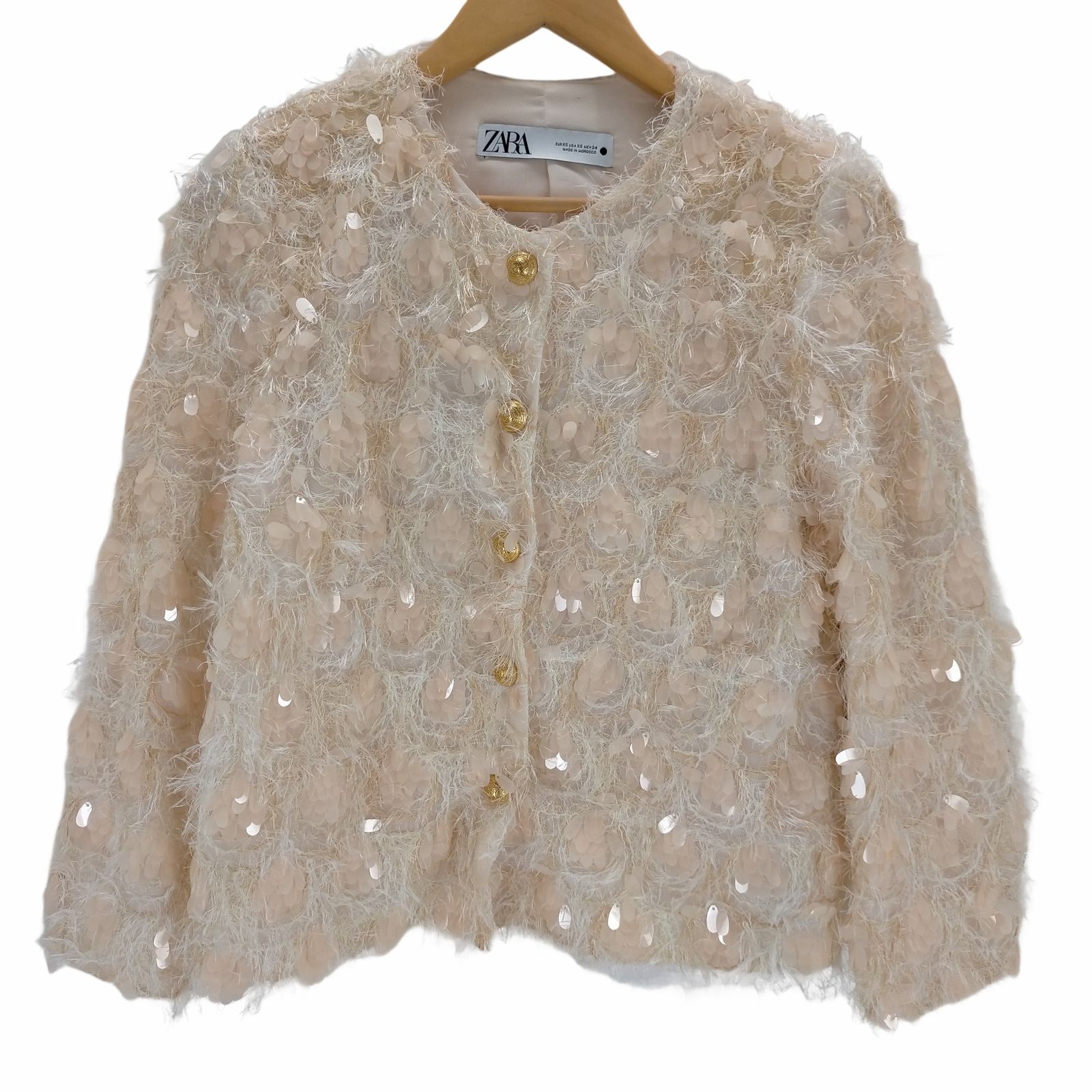 Zara スパンコール付きノーカラージャケット ZARA スパンコール付きシースルーテクスチャージャケット 白
