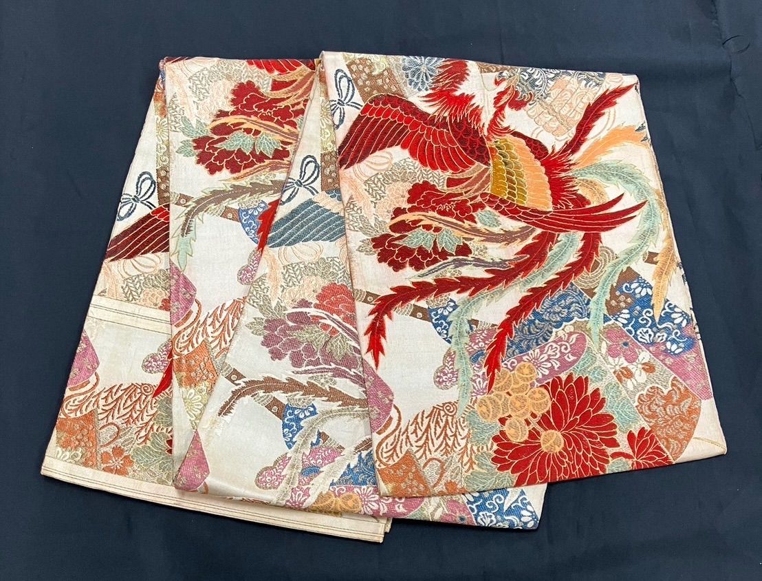 るんるん 真っ赤な鳳凰に大輪の花の丸帯 OB 98 両面色違い ビビット 淡色 くすみ