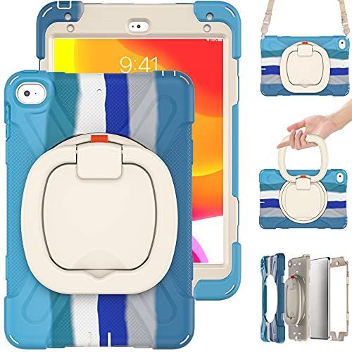 iPad Mini5/Mini4_虹色ブルー iPad Mini 5/Mini 4ケース iPad 7.9インチ Mini 第5/4世代 カバー 耐衝撃 頑丈 360度回転スタンド ハンドル付き 虹色 かわいい アイパッド mini5 mini4 ケース ペン
