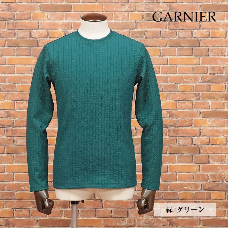 23春夏/GARNIER/LLサイズ/ロンT 膨れジャガード 伸縮性 着心地 ストライプ調 クルーネック 長袖 新品/緑/グリーン/ig160/