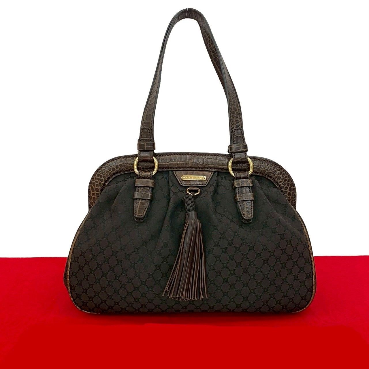 ほぼ未使用 CELINE セリーヌ マカダム ブラゾン トリオンフ 柄 キャンバス レザー 本革 タッセル トートバッグ ブラウン 茶 39400