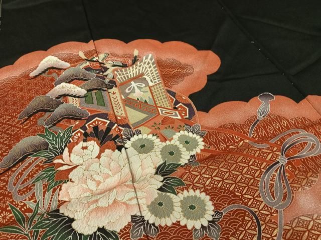 平和屋着物□豪華黒留袖 雲取り御所車花文 上代16万 金彩 仮絵羽