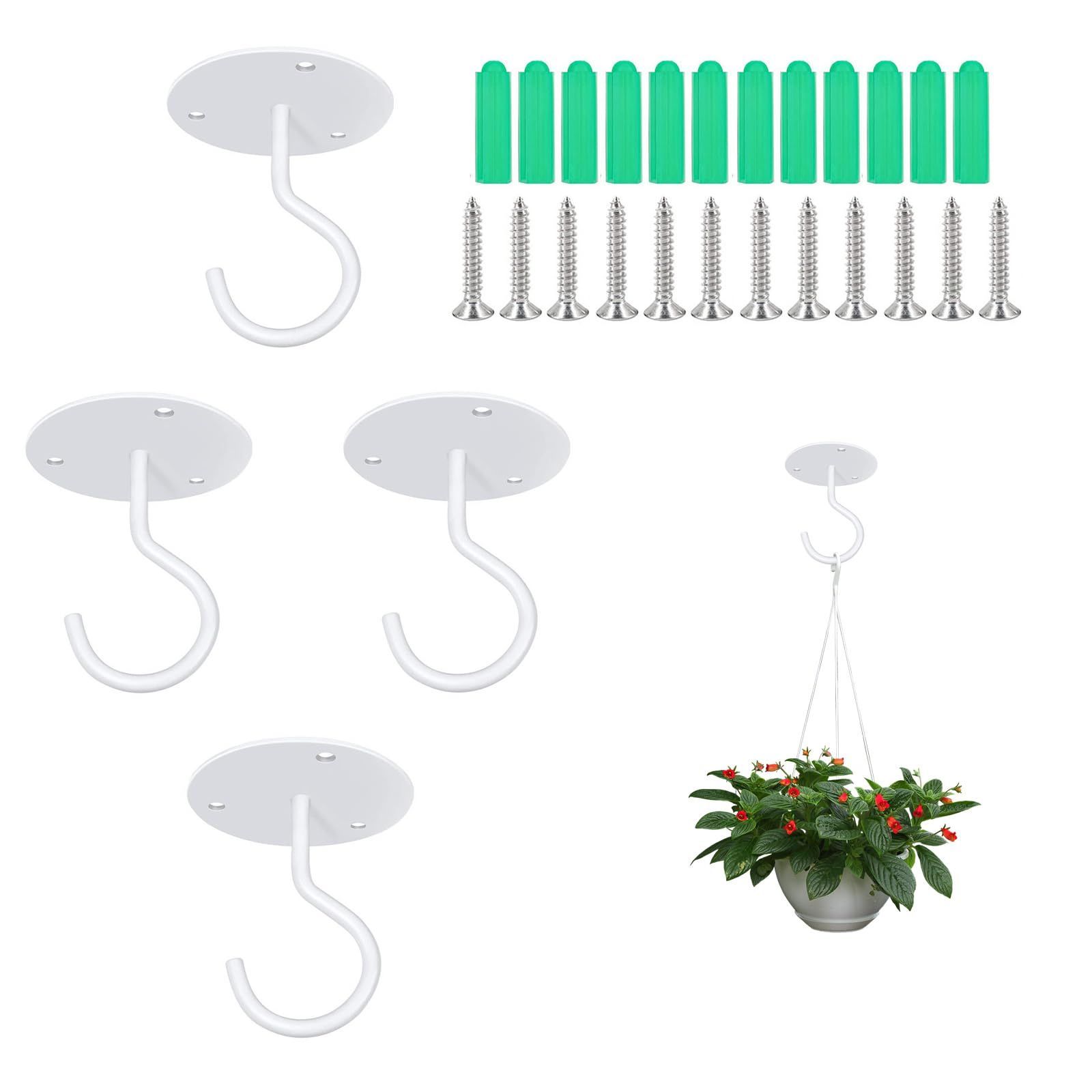 Color:ホワイト happykau 天井 フック 4個セット 吊り下げ 固定 ネジフック ハンギングプランター 高強度 金具 観葉植物 風鈴 天井フック (ホワイト)