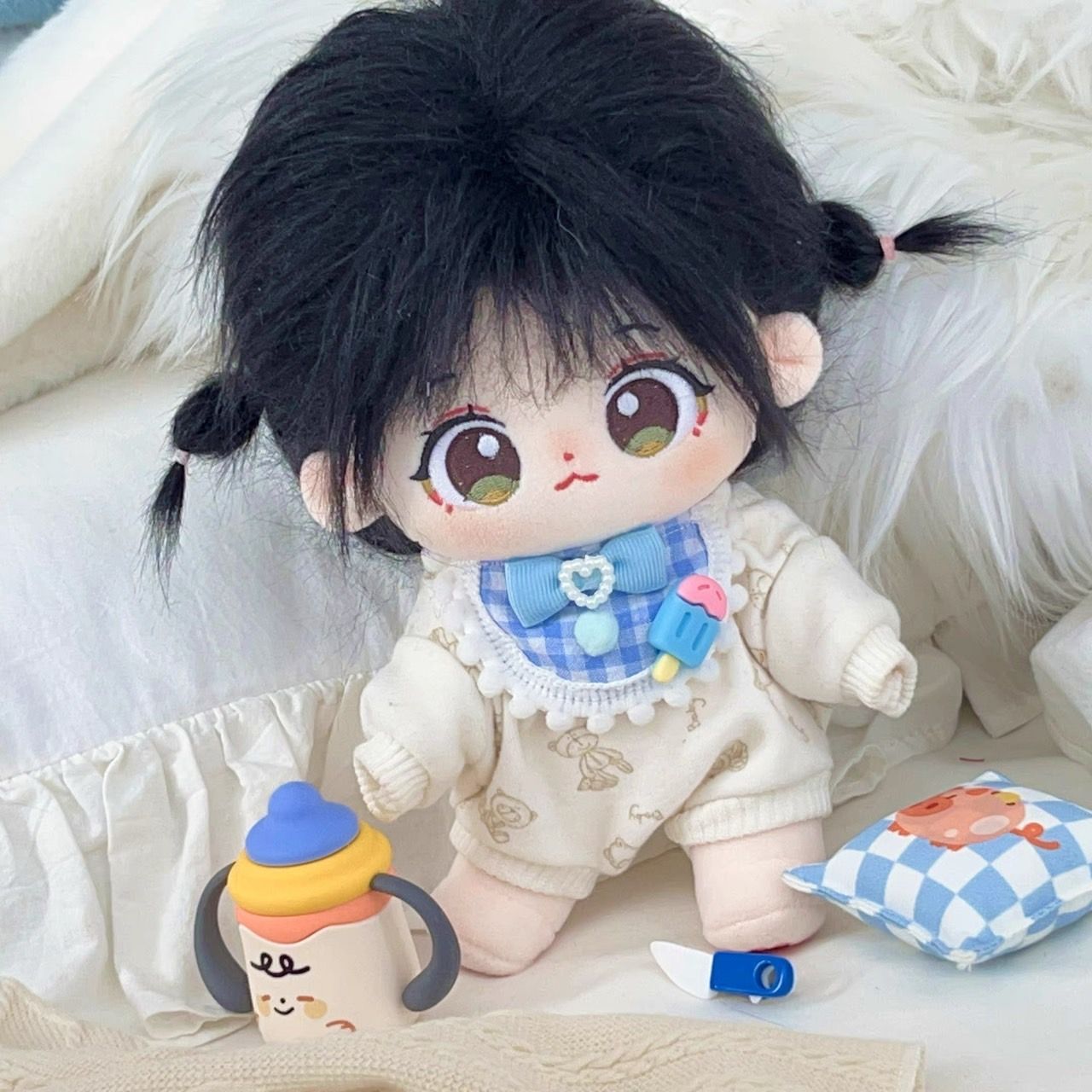 ちは　着ぐるみ　ぬい服 10cm】 ぬい服 かわいい ブルー チェック柄のスタイ 青色 着ぐるみ服