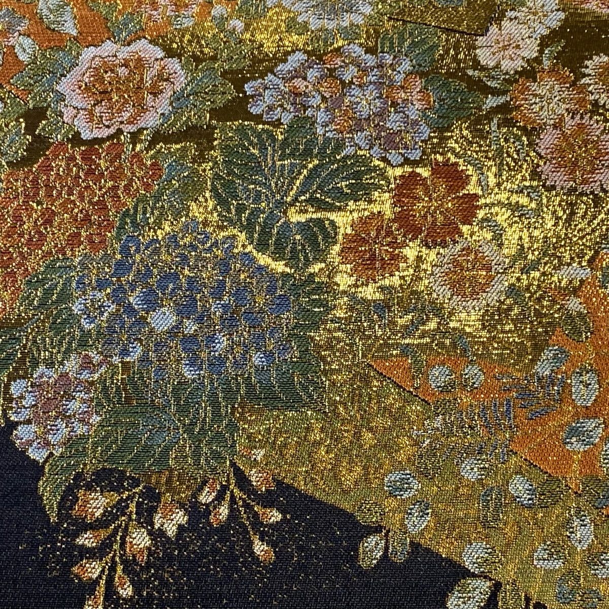 袋帯 箔 美品 金糸 秀品 六通 正絹 金色 花鳥 中古 扇面花鳥文 正絹 