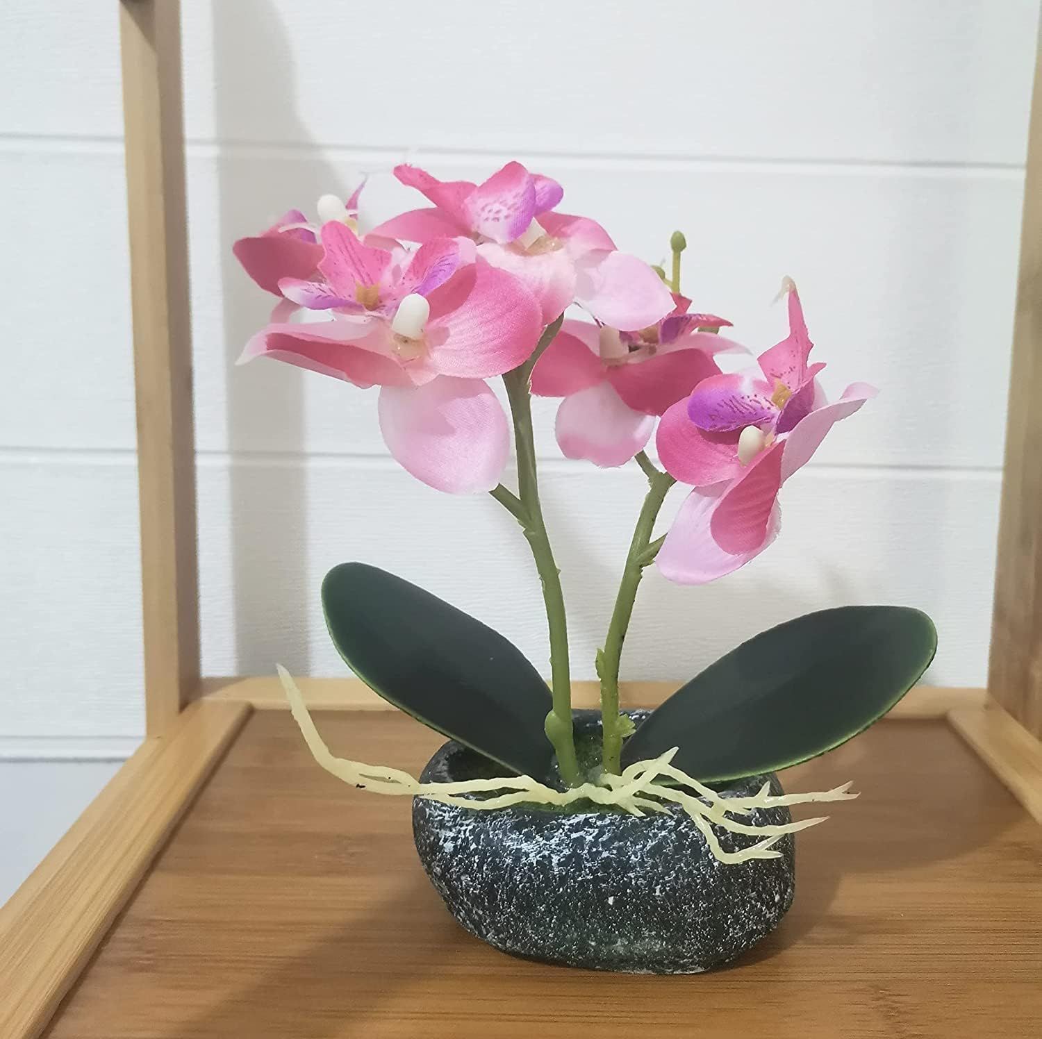 【人気商品】石鉢インテリア 船型の鉢植 フェイク 卓上型 シルクフラワー 胡蝶蘭 胡蝶蘭 新築祝い お開店祝いギフトに最適 光触媒加工 プレゼント 造花 敬老の日 (石鉢 人工観葉植物 緋.)