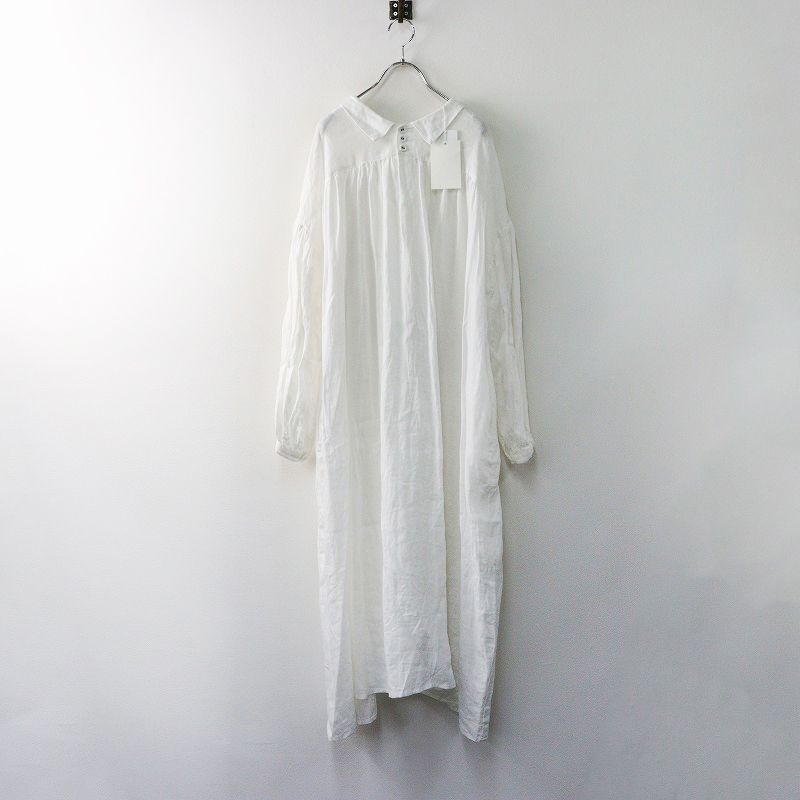 定価26950円 ガーゼ Gauze G868 JARDIN LINEN DRESS リネン 襟付きギャザーロングワンピース F ホワイト |白 2400014358575