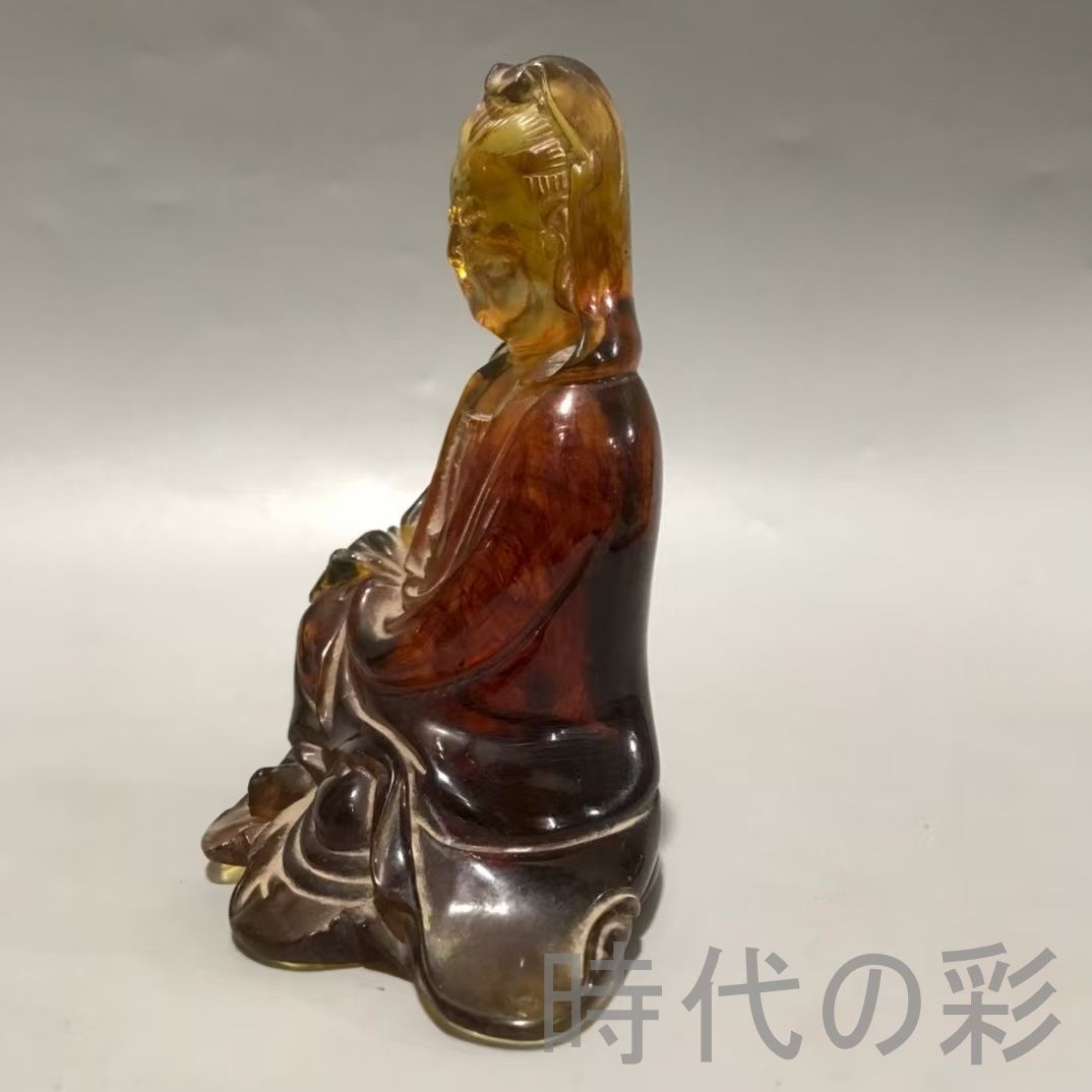 中国古美術・天然琥珀製・観音菩薩像・彫刻置物・仏教美術・古董品